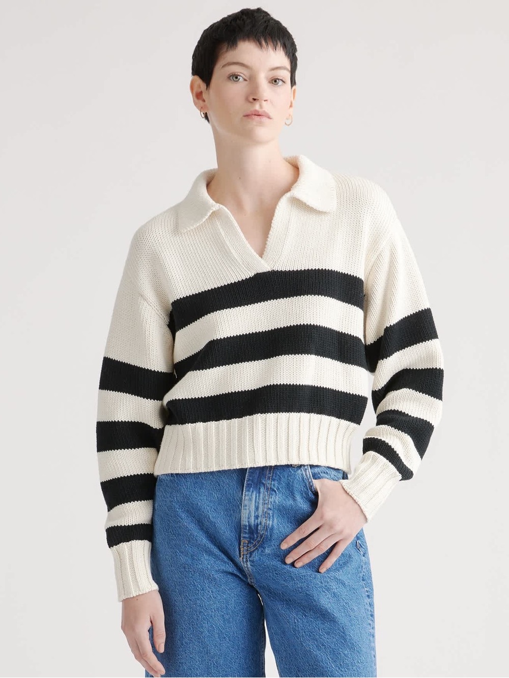 Quince Collared Black & Cream Striped Knit Sweater